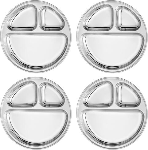 Ahimsa Stainless Steel Kids Plates Set of 4 - Divided, Non Toxic Toddler Plates, Pediatrician Designed, Unbreakable & Dishwasher Safe, Classic Silver in Kuwait