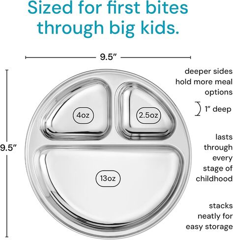 Ahimsa Stainless Steel Kids Plates Set of 4 - Divided, Non Toxic Toddler Plates, Pediatrician Designed, Unbreakable & Dishwasher Safe, Classic Silver in Kuwait