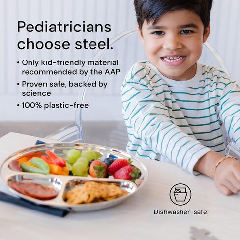 Ahimsa Stainless Steel Kids Plates Set of 4 - Divided, Non Toxic Toddler Plates, Pediatrician Designed, Unbreakable & Dishwasher Safe, Classic Silver in Kuwait