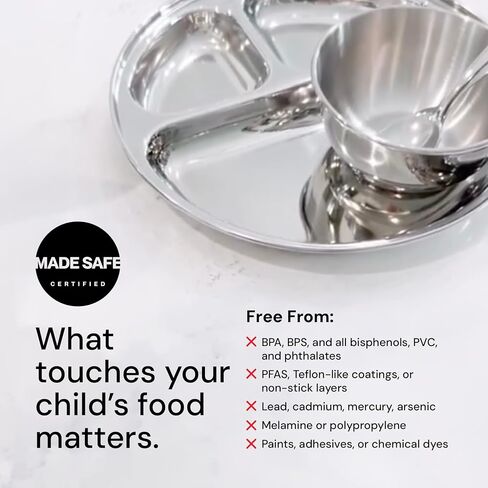 Ahimsa Stainless Steel Kids Plates Set of 4 - Divided, Non Toxic Toddler Plates, Pediatrician Designed, Unbreakable & Dishwasher Safe, Classic Silver in Kuwait