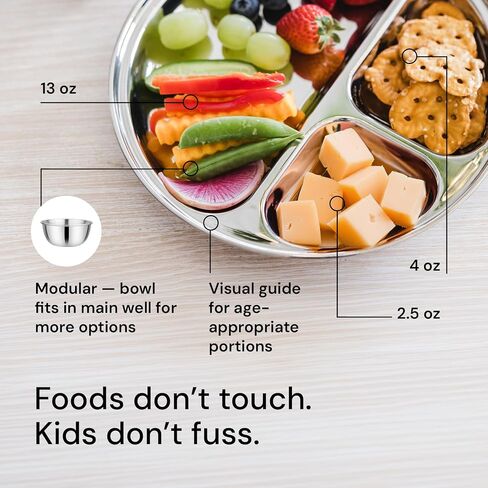 Ahimsa Stainless Steel Kids Plates Set of 4 - Divided, Non Toxic Toddler Plates, Pediatrician Designed, Unbreakable & Dishwasher Safe, Classic Silver in Kuwait