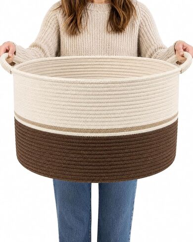Large Woven Cotton Rope Storage Basket, 65L Blanket Basket with Handles, Decorative Round Basket for Living Room Bedroom Nursery, Laundry Basket for Clothes Toys Towels, Brown & Cream in Kuwait