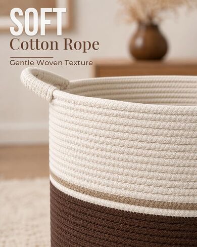 Large Woven Cotton Rope Storage Basket, 65L Blanket Basket with Handles, Decorative Round Basket for Living Room Bedroom Nursery, Laundry Basket for Clothes Toys Towels, Brown & Cream in Kuwait