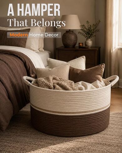 Large Woven Cotton Rope Storage Basket, 65L Blanket Basket with Handles, Decorative Round Basket for Living Room Bedroom Nursery, Laundry Basket for Clothes Toys Towels, Brown & Cream in Kuwait