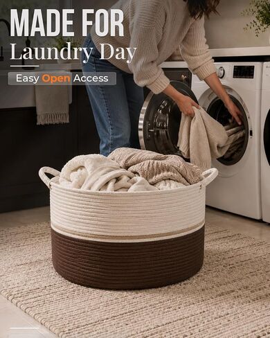 Large Woven Cotton Rope Storage Basket, 65L Blanket Basket with Handles, Decorative Round Basket for Living Room Bedroom Nursery, Laundry Basket for Clothes Toys Towels, Brown & Cream in Kuwait