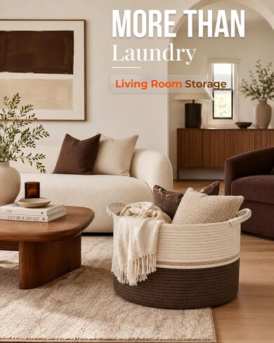 Large Woven Cotton Rope Storage Basket, 65L Blanket Basket with Handles, Decorative Round Basket for Living Room Bedroom Nursery, Laundry Basket for Clothes Toys Towels, Brown & Cream in Kuwait