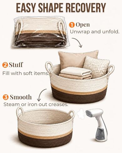 Large Woven Cotton Rope Storage Basket, 65L Blanket Basket with Handles, Decorative Round Basket for Living Room Bedroom Nursery, Laundry Basket for Clothes Toys Towels, Brown & Cream in Kuwait