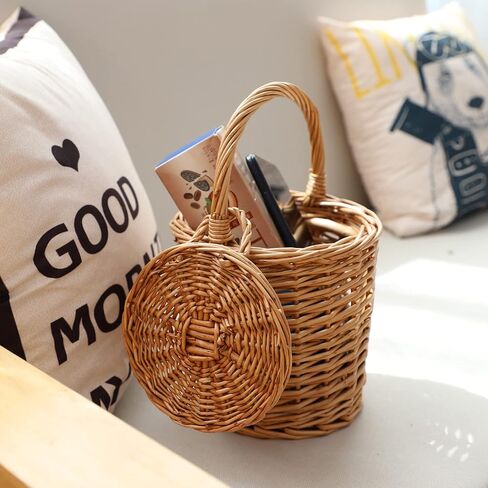 Small Wicker Basket, Round Storage Bin with Handle and Lid for Cell Phones Toys Sundries in Kuwait