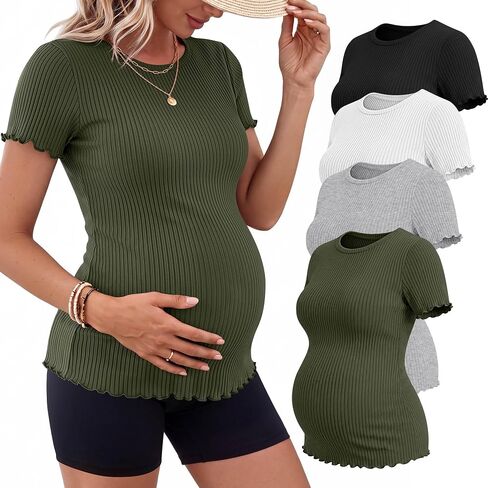 Riyiper 4 Pack Maternity Shirts for Women, Ribbed Knit Short Sleeve Pregnancy Tops, Soft Stretch Crew Neck Mama Summer Tees in Kuwait