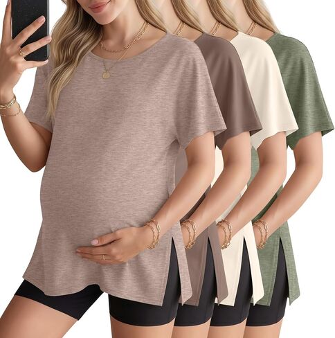 4 Pack Maternity Shirts Dolman Short Sleeve Split Side Tops Pregnancy Loose Tee Oversized Tunic Blouse Mama Clothes in Kuwait