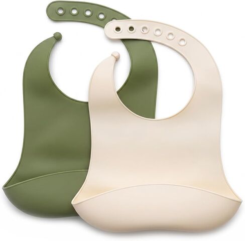 Silicone Baby Bibs 2-Pack – Waterproof Adjustable Baby Bibs for Boys & Girls, Soft BPA-Free Feeding Bibs with Deep Food Catcher Pocket, Easy-Clean Dishwasher Safe Toddler Bibs, Olive Green & Cream in Kuwait