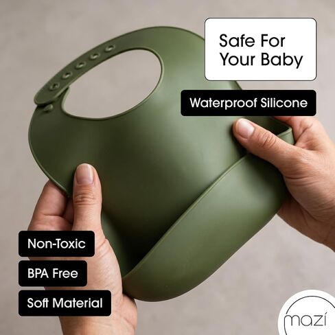 Silicone Baby Bibs 2-Pack – Waterproof Adjustable Baby Bibs for Boys & Girls, Soft BPA-Free Feeding Bibs with Deep Food Catcher Pocket, Easy-Clean Dishwasher Safe Toddler Bibs, Olive Green & Cream in Kuwait