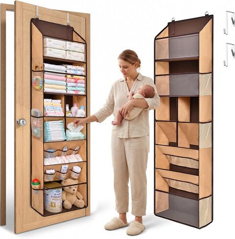 6-in-1 Over Door Hanging Organizer with 12 Mesh Pockets, 44 lbs Capacity, Warm Beige – Versatile Behind Door Storage for Baby Nursery, Newborn Essentials, Bedroom, Bathroom & Dorm in Kuwait