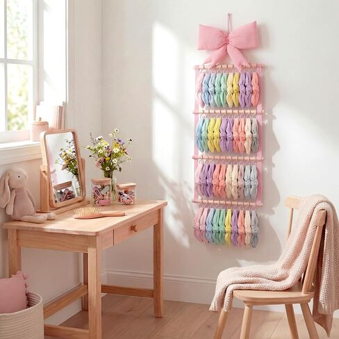 Sliner Pink Bow Headband Holder Head Bands Organizer for Girls, Baby Wall-mounted Headbands Hair Accessories Display Rack with 40 Plastic Hooks for Nursery Room Bedroom Living Room in Kuwait