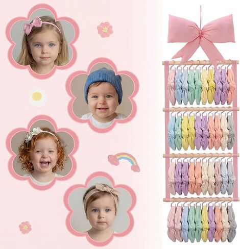 Sliner Pink Bow Headband Holder Head Bands Organizer for Girls, Baby Wall-mounted Headbands Hair Accessories Display Rack with 40 Plastic Hooks for Nursery Room Bedroom Living Room in Kuwait