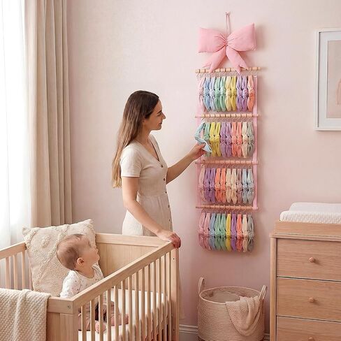 Sliner Pink Bow Headband Holder Head Bands Organizer for Girls, Baby Wall-mounted Headbands Hair Accessories Display Rack with 40 Plastic Hooks for Nursery Room Bedroom Living Room in Kuwait