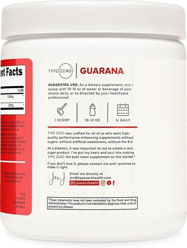 Type Zero Clean Guarana Powder Drink Mix (Unflavored) 250 Servings | 220mg Caffeine Per Serving, Natural Caffeine, Gluten-Free, GMO-Free in Kuwait