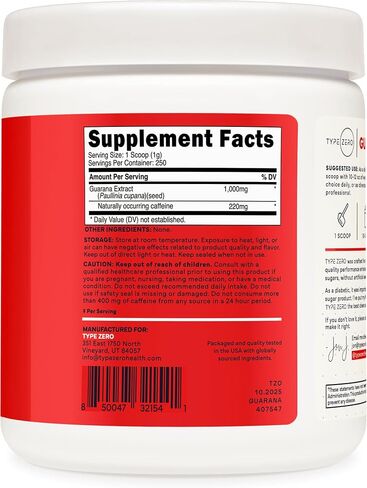 Type Zero Clean Guarana Powder Drink Mix (Unflavored) 250 Servings | 220mg Caffeine Per Serving, Natural Caffeine, Gluten-Free, GMO-Free in Kuwait