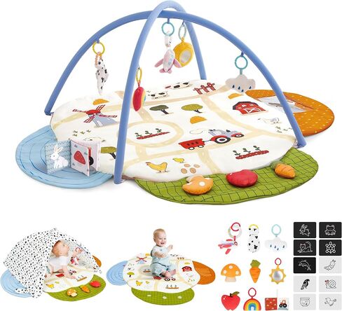 Baby Gym Play Mat, 4-in-1 Tummy Time Mat & Farm-Themed Activity Gym | Baby Play Gym with Play Space Cover & 9 Sensory Toys, Baby Activity Center & Playmats for Babies 0-6 6-12 Months in Kuwait