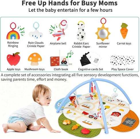 Baby Gym Play Mat, 4-in-1 Tummy Time Mat & Farm-Themed Activity Gym | Baby Play Gym with Play Space Cover & 9 Sensory Toys, Baby Activity Center & Playmats for Babies 0-6 6-12 Months in Kuwait