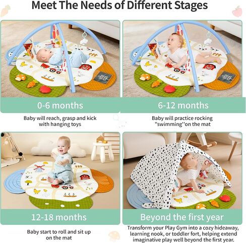 Baby Gym Play Mat, 4-in-1 Tummy Time Mat & Farm-Themed Activity Gym | Baby Play Gym with Play Space Cover & 9 Sensory Toys, Baby Activity Center & Playmats for Babies 0-6 6-12 Months in Kuwait