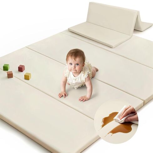 SEPARO Foldable Baby Play Mat,Vegan Leather 47x47 Baby Mat for Floor,Beige | Trifold Waterproof Playmat for Babies,Soft Foam Tumbling Mat,Wipe-Clean&Non-Slip Outdoor Mats,Playmate for Baby Tummy Time in Kuwait