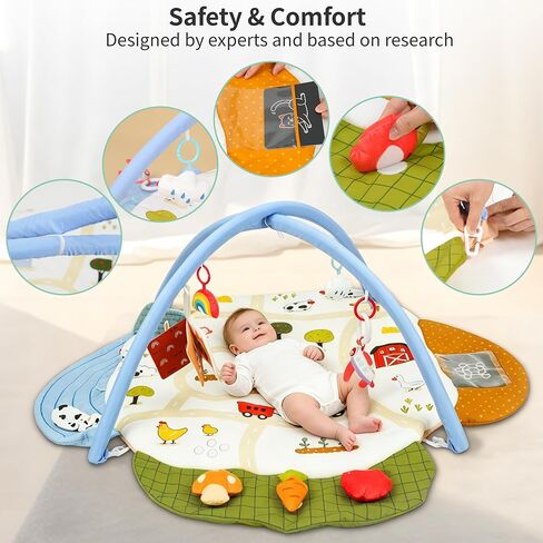 Baby Gym Play Mat, 4-in-1 Tummy Time Mat & Farm-Themed Activity Gym | Baby Play Gym with Play Space Cover & 9 Sensory Toys, Baby Activity Center & Playmats for Babies 0-6 6-12 Months in Kuwait