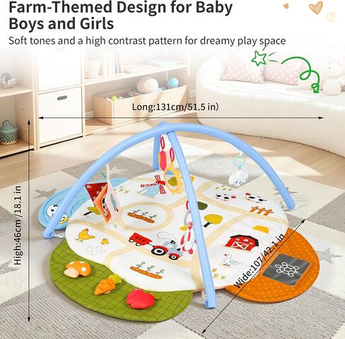 Baby Gym Play Mat, 4-in-1 Tummy Time Mat & Farm-Themed Activity Gym | Baby Play Gym with Play Space Cover & 9 Sensory Toys, Baby Activity Center & Playmats for Babies 0-6 6-12 Months in Kuwait