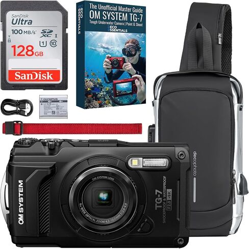 OM SYSTEM Olympus Tough TG-7 12MP 4K 2160p Underwater Digital Camera Red V110030RU000 Bundle with Sling Backpack, Sandisk Ultra SDHC Memory Card 128GB and Deco Gear Unofficial Master Guide in Kuwait