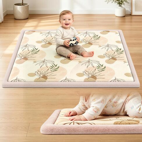 50x50 Baby Play Mat for Floor, 1.3" Extra Thick Elastic Foam Mat | Non-Slip Playpen Mat, Soft Coral Velvet Boho Surface, Great for Infant Toddler Crawling & Tummy Time in Playroom & Nursery in Kuwait