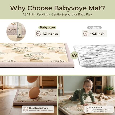 50x50 Baby Play Mat for Floor, 1.3" Extra Thick Elastic Foam Mat | Non-Slip Playpen Mat, Soft Coral Velvet Boho Surface, Great for Infant Toddler Crawling & Tummy Time in Playroom & Nursery in Kuwait