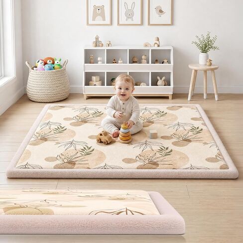 50x50 Baby Play Mat for Floor, 1.3" Extra Thick Elastic Foam Mat | Non-Slip Playpen Mat, Soft Coral Velvet Boho Surface, Great for Infant Toddler Crawling & Tummy Time in Playroom & Nursery in Kuwait