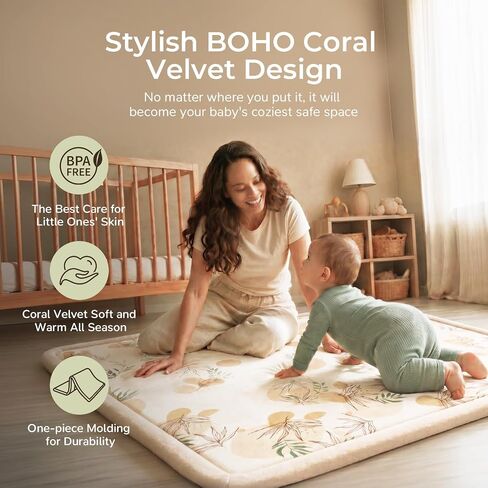50x50 Baby Play Mat for Floor, 1.3" Extra Thick Elastic Foam Mat | Non-Slip Playpen Mat, Soft Coral Velvet Boho Surface, Great for Infant Toddler Crawling & Tummy Time in Playroom & Nursery in Kuwait