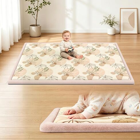 50x50 Baby Play Mat for Floor, 1.3" Extra Thick Elastic Foam Mat | Non-Slip Playpen Mat, Soft Coral Velvet Boho Surface, Great for Infant Toddler Crawling & Tummy Time in Playroom & Nursery in Kuwait