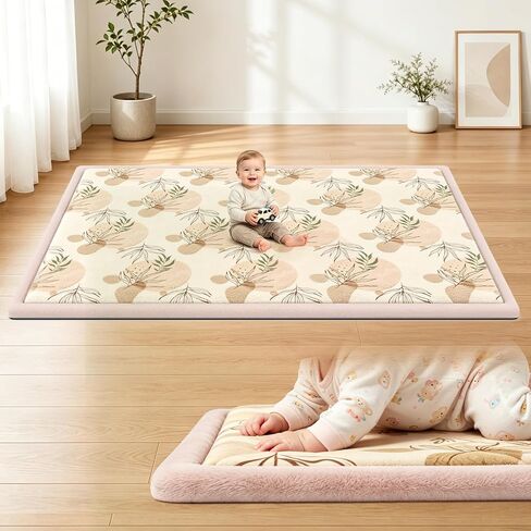 50x50 Baby Play Mat for Floor, 1.3" Extra Thick Elastic Foam Mat | Non-Slip Playpen Mat, Soft Coral Velvet Boho Surface, Great for Infant Toddler Crawling & Tummy Time in Playroom & Nursery in Kuwait