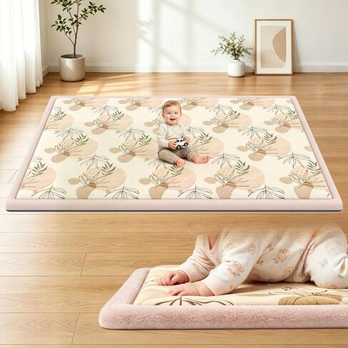 50x50 Baby Play Mat for Floor, 1.3" Extra Thick Elastic Foam Mat | Non-Slip Playpen Mat, Soft Coral Velvet Boho Surface, Great for Infant Toddler Crawling & Tummy Time in Playroom & Nursery in Kuwait