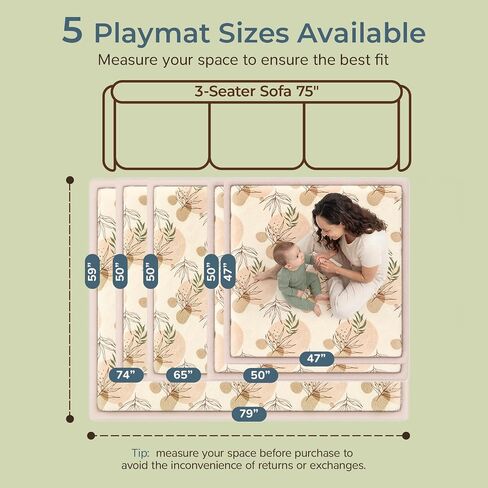 50x50 Baby Play Mat for Floor, 1.3" Extra Thick Elastic Foam Mat | Non-Slip Playpen Mat, Soft Coral Velvet Boho Surface, Great for Infant Toddler Crawling & Tummy Time in Playroom & Nursery in Kuwait