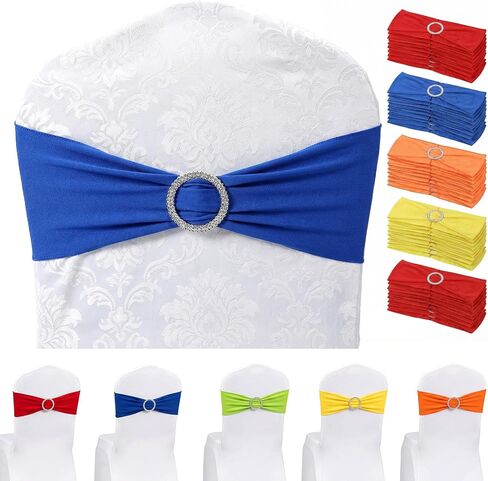 50pcs Chair Sashes for Wedding, Stretch Spandex Chair Sashes, Elastic Chairs Bow Sash with Buckle for Party Banquet Event Decoration, 5 Colors, 14x6 inch, Polyester in Kuwait