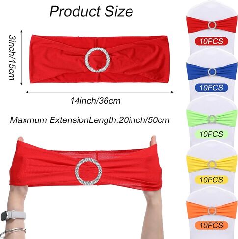 50pcs Chair Sashes for Wedding, Stretch Spandex Chair Sashes, Elastic Chairs Bow Sash with Buckle for Party Banquet Event Decoration, 5 Colors, 14x6 inch, Polyester in Kuwait