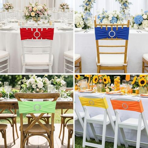 50pcs Chair Sashes for Wedding, Stretch Spandex Chair Sashes, Elastic Chairs Bow Sash with Buckle for Party Banquet Event Decoration, 5 Colors, 14x6 inch, Polyester in Kuwait