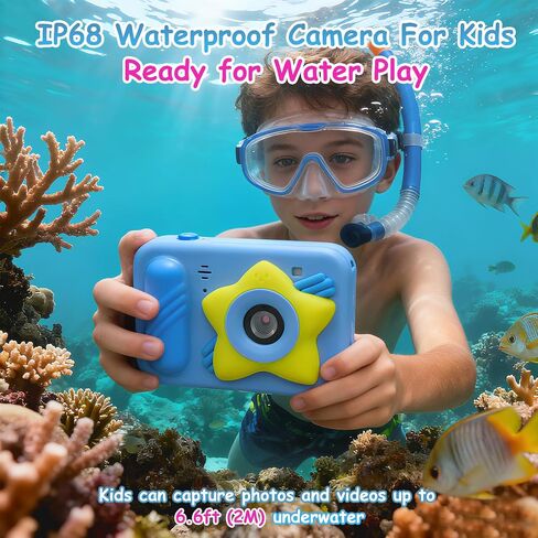 IP68 Waterproof Kids Toy Camera, 32GB Card, 48MP 1080P, Ages 3+, Star Blue | Shockproof underwater digital camera for swimming and outdoor play; fun Christmas or birthday gift for boys and girls. in Kuwait