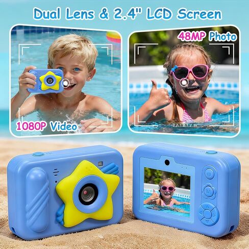 IP68 Waterproof Kids Toy Camera, 32GB Card, 48MP 1080P, Ages 3+, Star Blue | Shockproof underwater digital camera for swimming and outdoor play; fun Christmas or birthday gift for boys and girls. in Kuwait