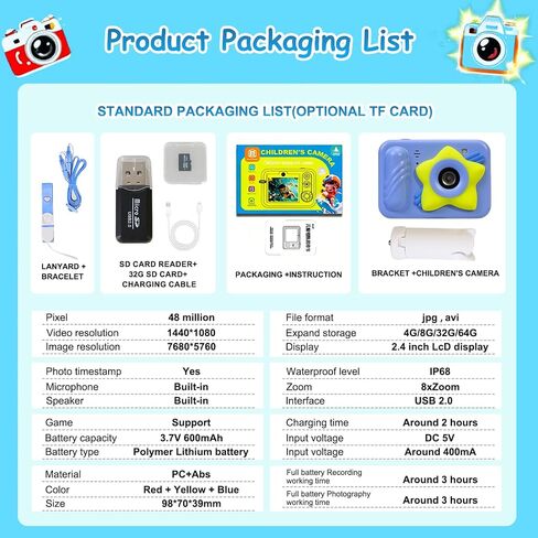 IP68 Waterproof Kids Toy Camera, 32GB Card, 48MP 1080P, Ages 3+, Star Blue | Shockproof underwater digital camera for swimming and outdoor play; fun Christmas or birthday gift for boys and girls. in Kuwait