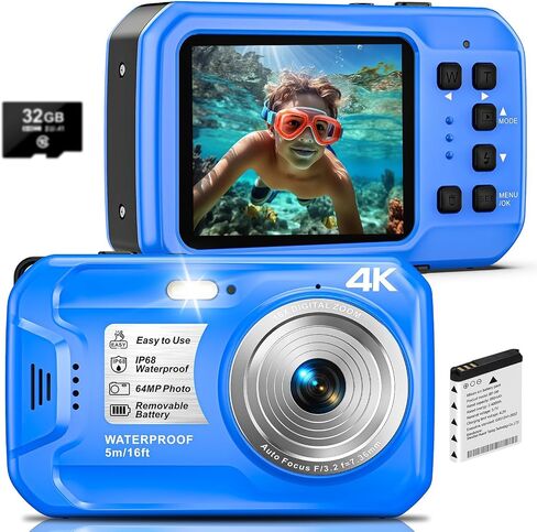 Portable 4K 64MP Snorkel Camera, 16FT IP68 Floating Waterproof Digital Camera Autofocus IPS Screen 16X Zoom, Equipped with 32GB Memory Card for Water Sports Travel Camping in Kuwait