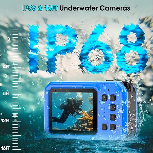 Portable 4K 64MP Snorkel Camera, 16FT IP68 Floating Waterproof Digital Camera Autofocus IPS Screen 16X Zoom, Equipped with 32GB Memory Card for Water Sports Travel Camping in Kuwait