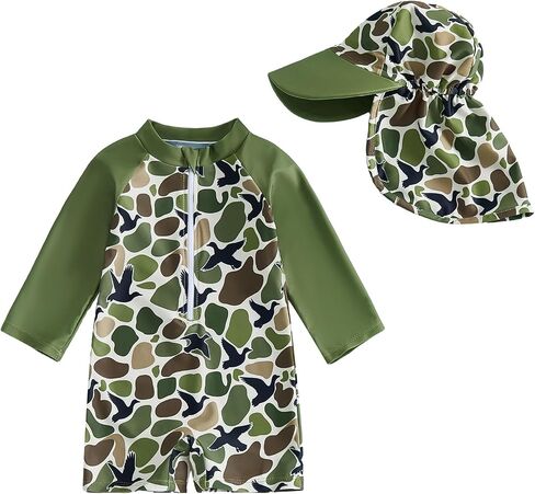 Toddler Baby Boy Swimsuit Rash Guard Swimwear Camouflage Long Sleeve Half Zip Up Hat 2 Pieces Baby Bathing Suit in Kuwait