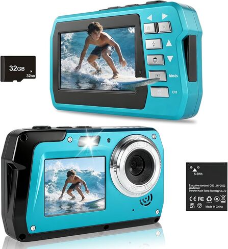 Underwater Camera 4K 48MP, Dual-Screen Waterproof Digital Camera, 10.83FT Dive for Swimming Travel, 16X Zoom Fill Light, 32GB Card, Blue in Kuwait