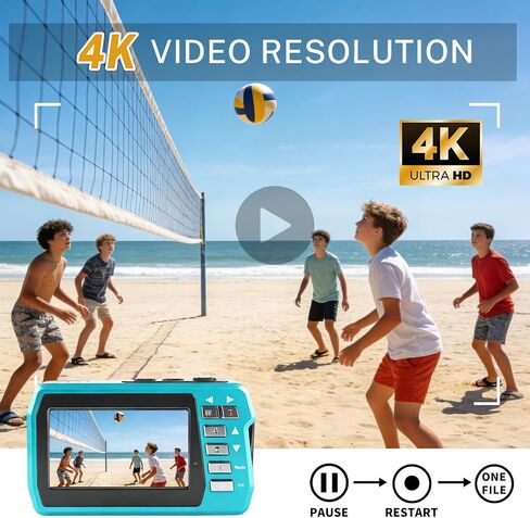 Underwater Camera 4K 48MP, Dual-Screen Waterproof Digital Camera, 10.83FT Dive for Swimming Travel, 16X Zoom Fill Light, 32GB Card, Blue in Kuwait