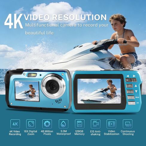 Underwater Camera 4K 48MP, Dual-Screen Waterproof Digital Camera, 10.83FT Dive for Swimming Travel, 16X Zoom Fill Light, 32GB Card, Blue in Kuwait