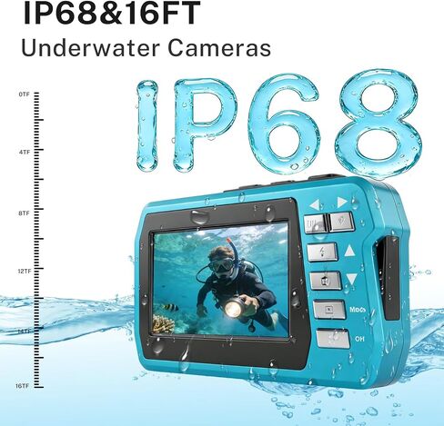 Underwater Camera 4K 48MP, Dual-Screen Waterproof Digital Camera, 10.83FT Dive for Swimming Travel, 16X Zoom Fill Light, 32GB Card, Blue in Kuwait